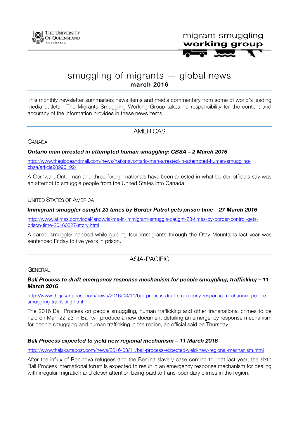 Smuggling of Migrants — Global News March 2016