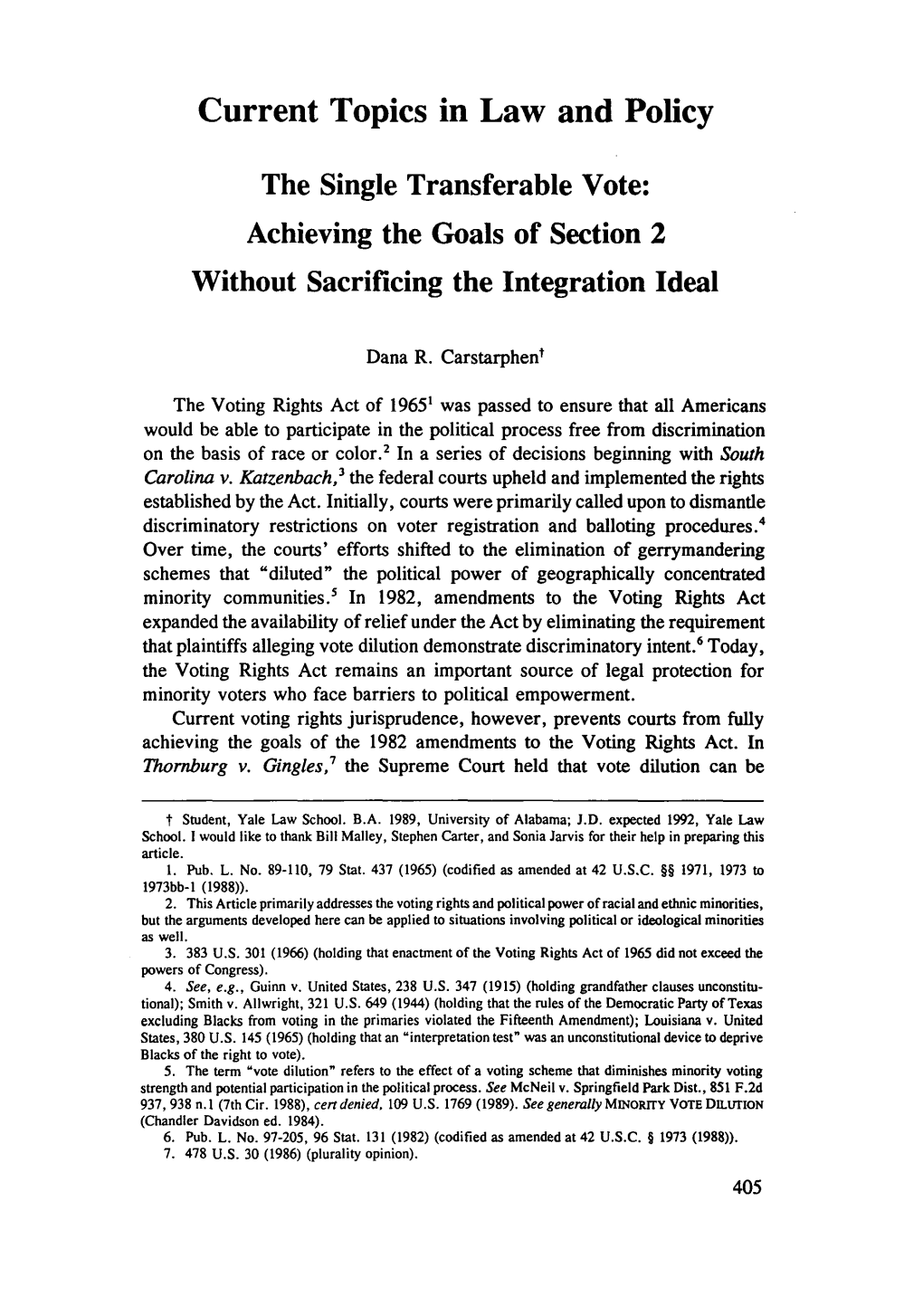 The Single Transferable Vote: Achieving the Goals of Section 2 Without Sacrificing the Integration Ideal