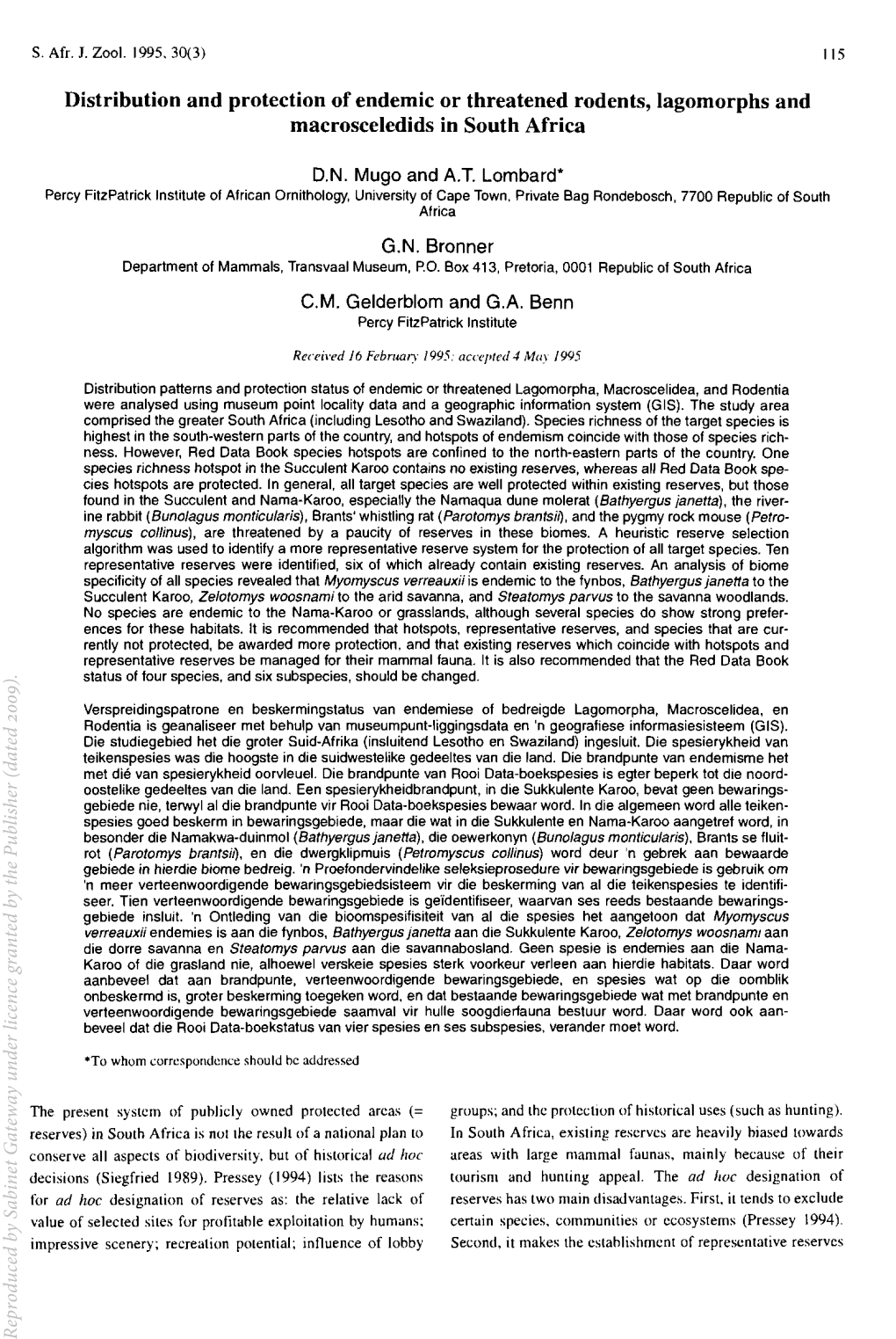 Distribution and Protection of Endemic Or Threatened Rodents, Lagomorphs and Macrosceledids in South Africa