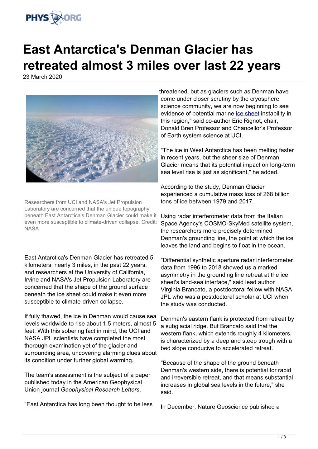 East Antarctica's Denman Glacier Has Retreated Almost 3 Miles Over Last 22 Years 23 March 2020