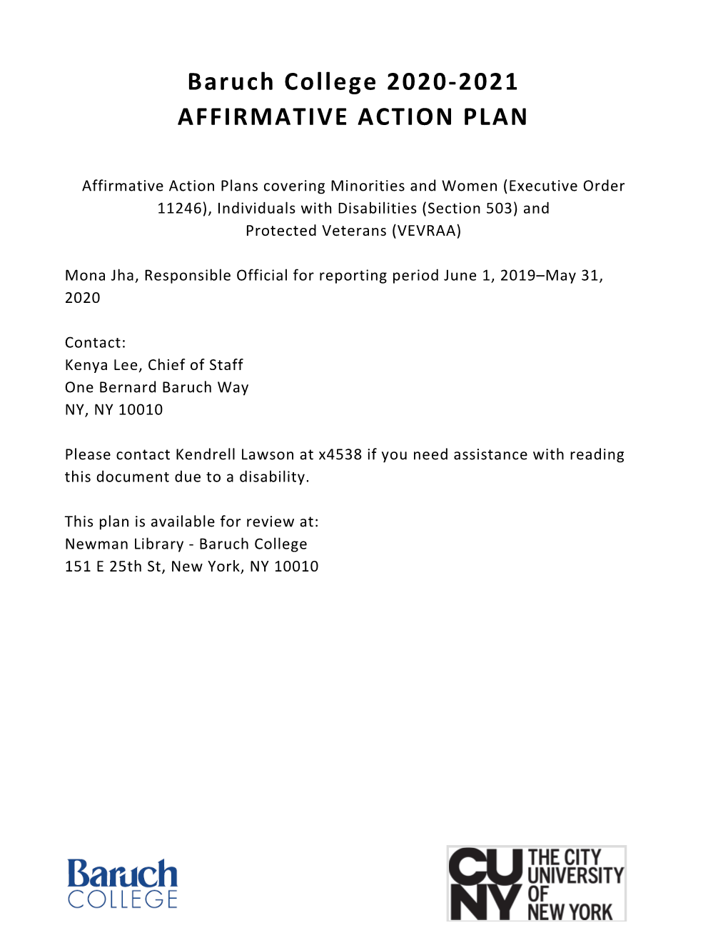 Affirmative Action Plan for Baruch College 2020 – 2021