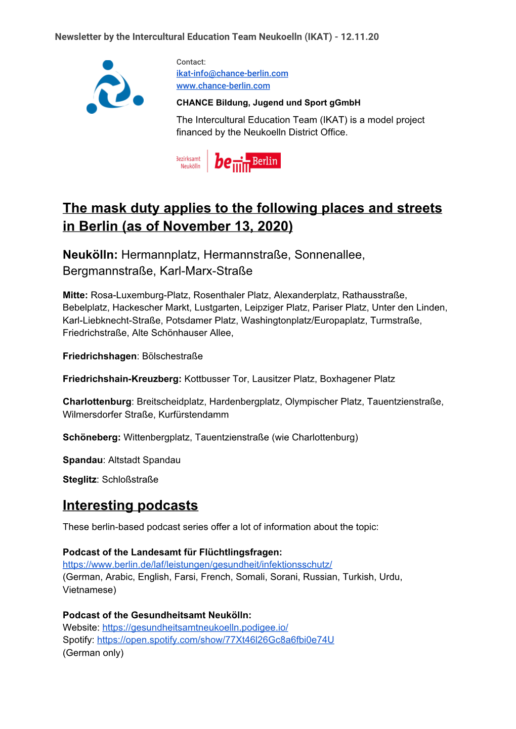 The Mask Duty Applies to the Following Places and Streets in Berlin (As of November 13, 2020)