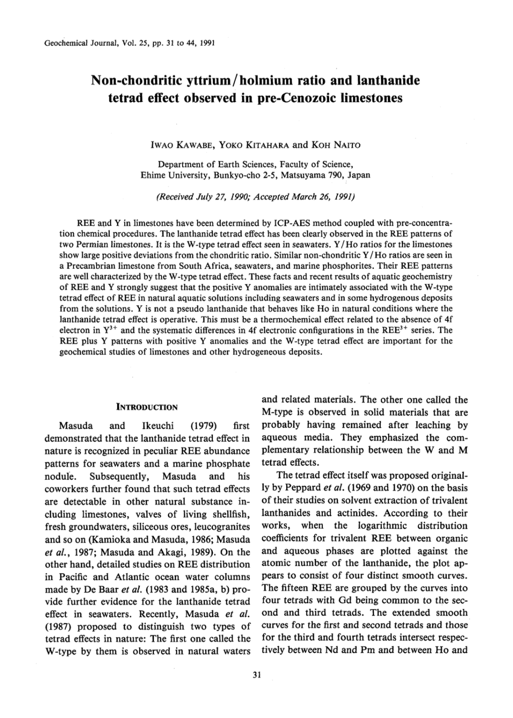 Yttrium /Holmium Ratio and Lanthanide Observed in Pre-Cenozoic Limestones