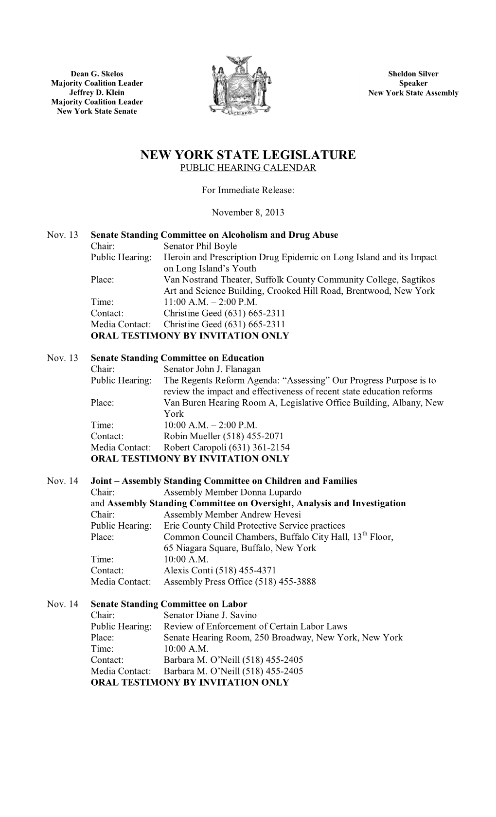 New York State Legislature Public Hearing Calendar