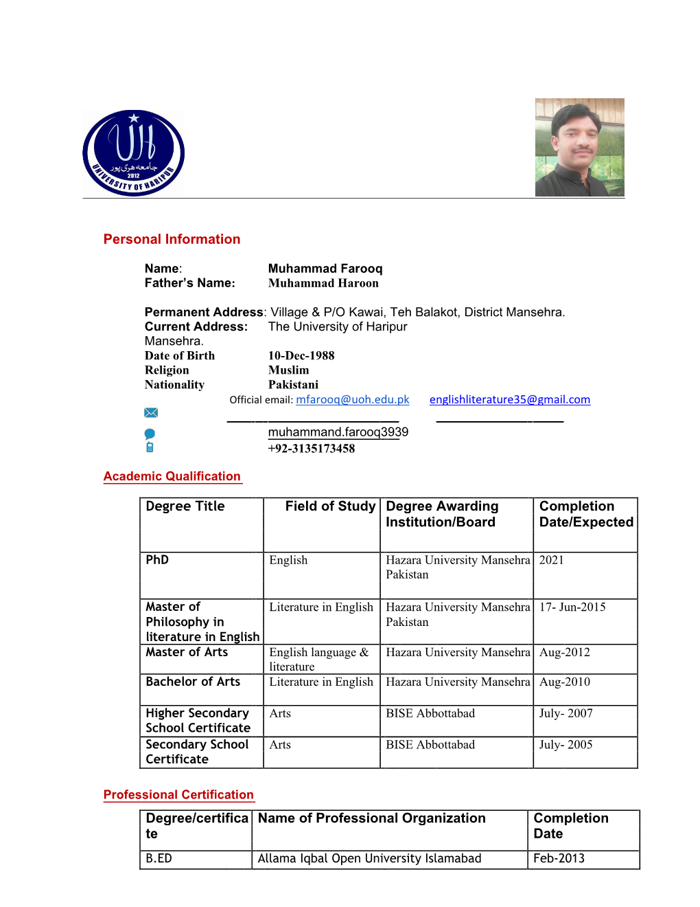 Personal Information Degree Title Field of Study Degree Awarding