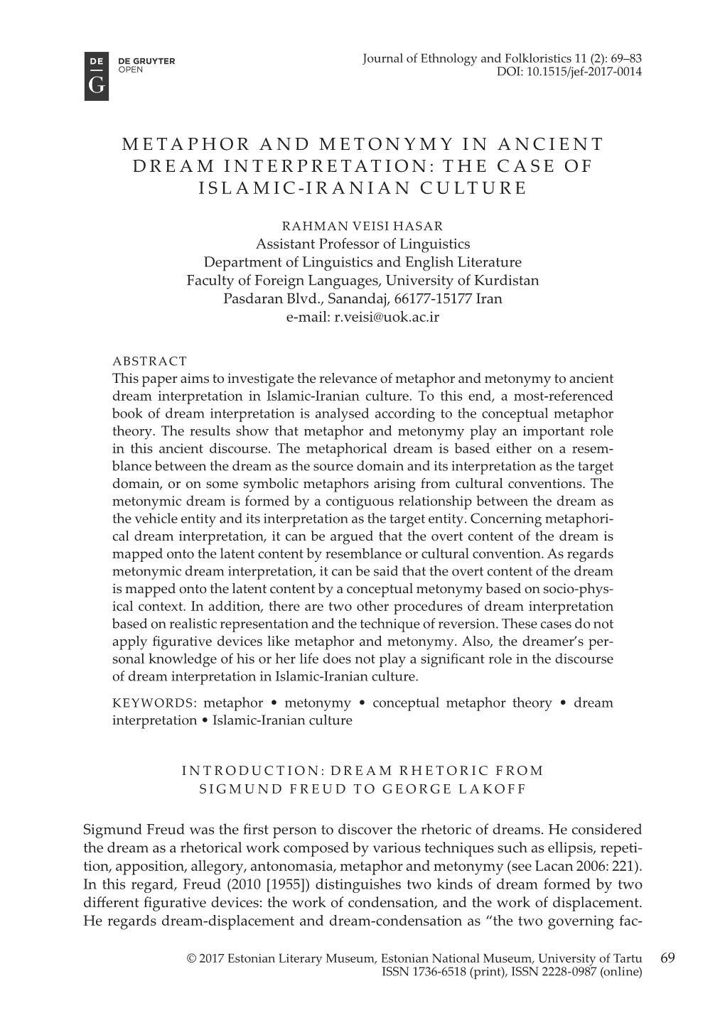 Metaphor and Metonymy in Ancient Dream Interpretation: the Case of Islamic-Iranian Culture