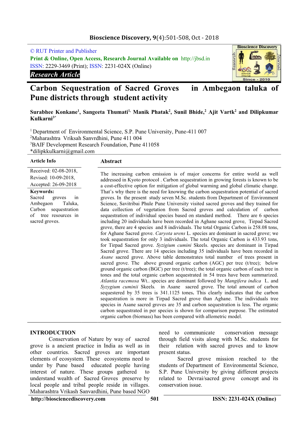 Carbon Sequestration of Sacred Groves in Ambegaon Taluka of Pune Districts Through Student Activity