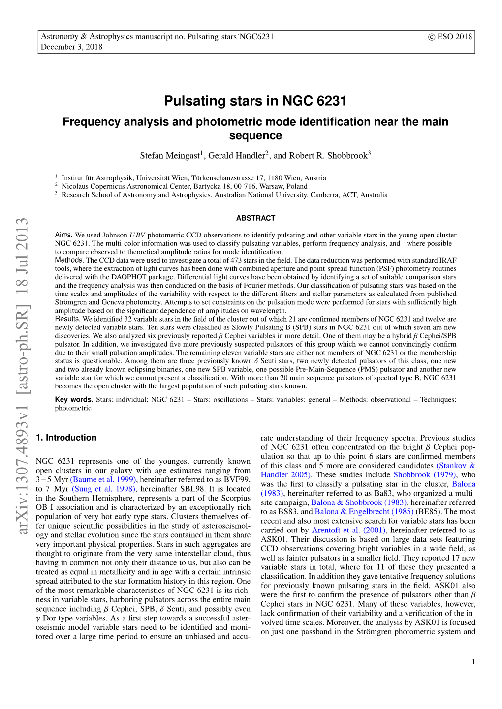 Pulsating Stars in NGC 6231 Frequency Analysis and Photometric Mode Identiﬁcation Near the Main Sequence