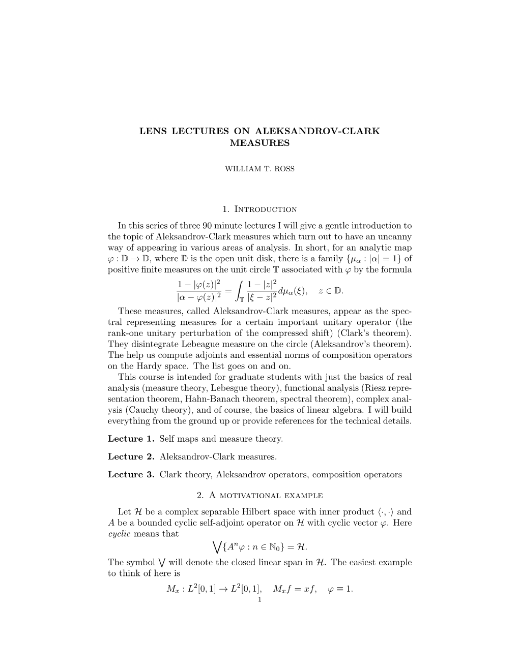 Lens Lectures on Aleksandrov-Clark Measures