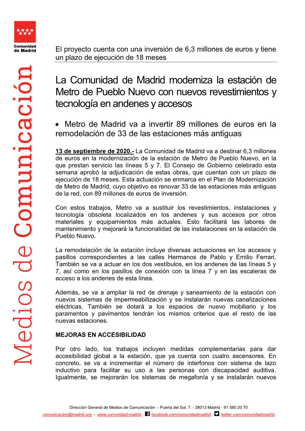 La Comunidad De Madrid Moderniza La Estación De Metro De Pueblo Nuevo Con Nuevos Revestimientos Y Tecnología En Andenes Y Accesos