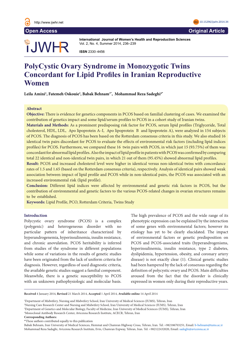 Polycystic Ovary Syndrome in Monozygotic Twins Concordant for Lipid Profiles in Iranian Reproductive Women