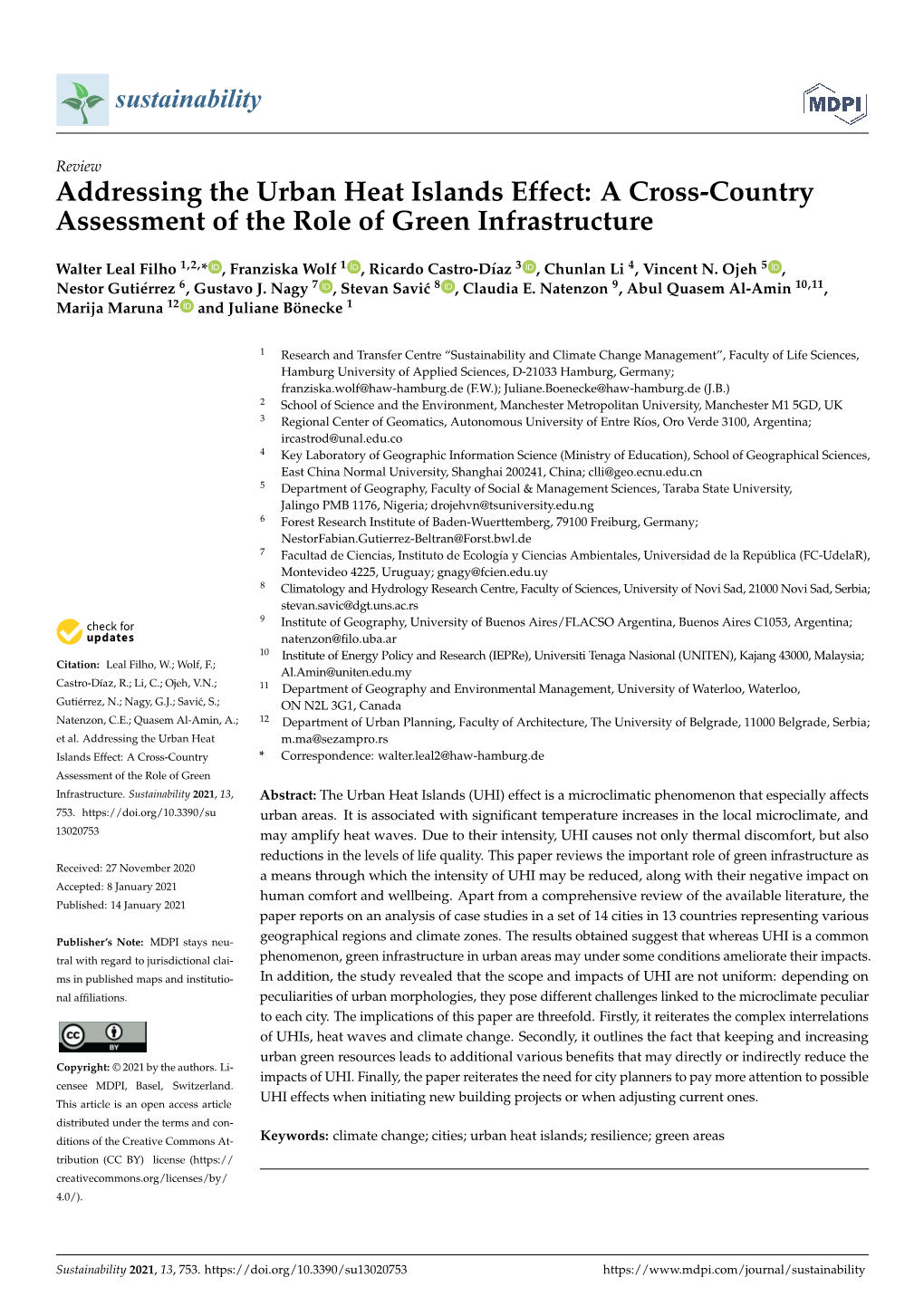 Addressing the Urban Heat Islands Effect: a Cross-Country Assessment of the Role of Green Infrastructure