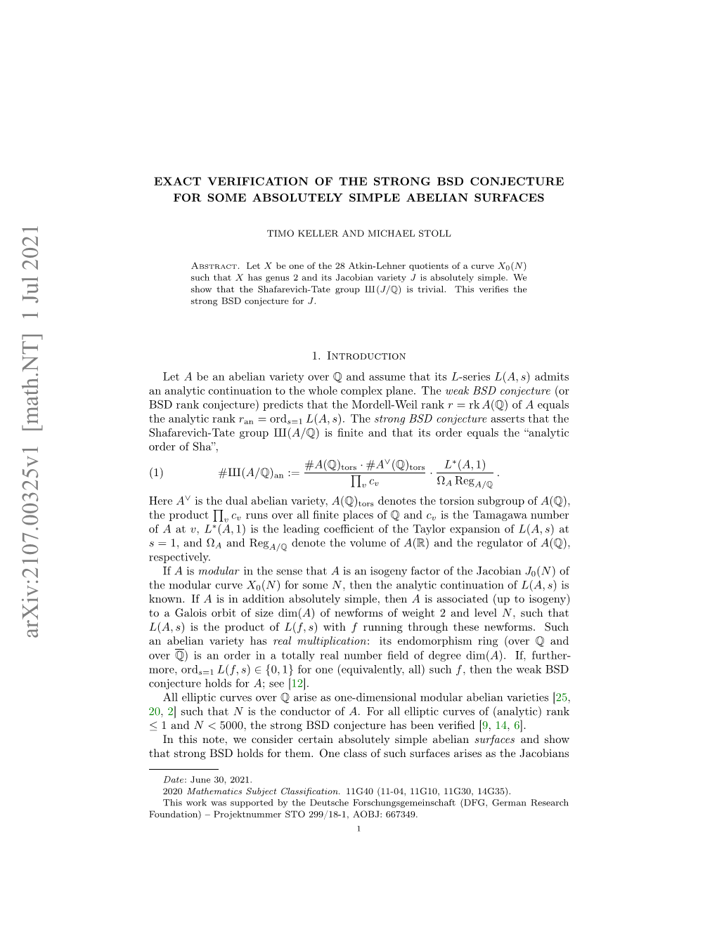 Arxiv:2107.00325V1 [Math.NT] 1 Jul 2021 20 Over Naeinvreyhas Variety Abelian an L Nw.If Known