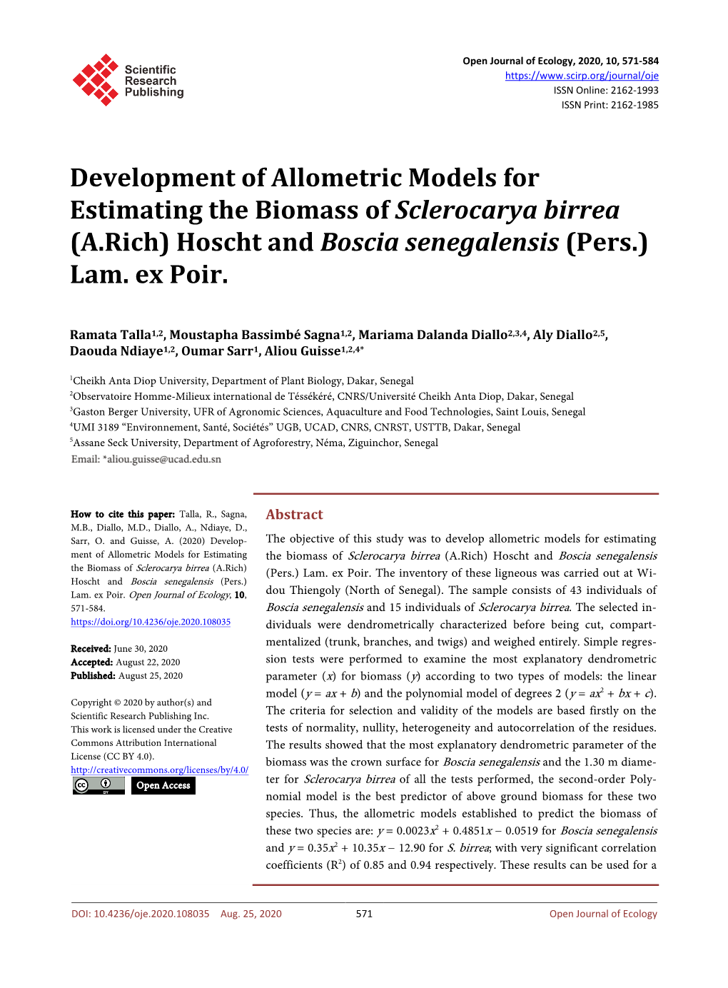 Development of Allometric Models for Estimating the Biomass of Sclerocarya Birrea (A.Rich) Hoscht and Boscia Senegalensis (Pers.) Lam