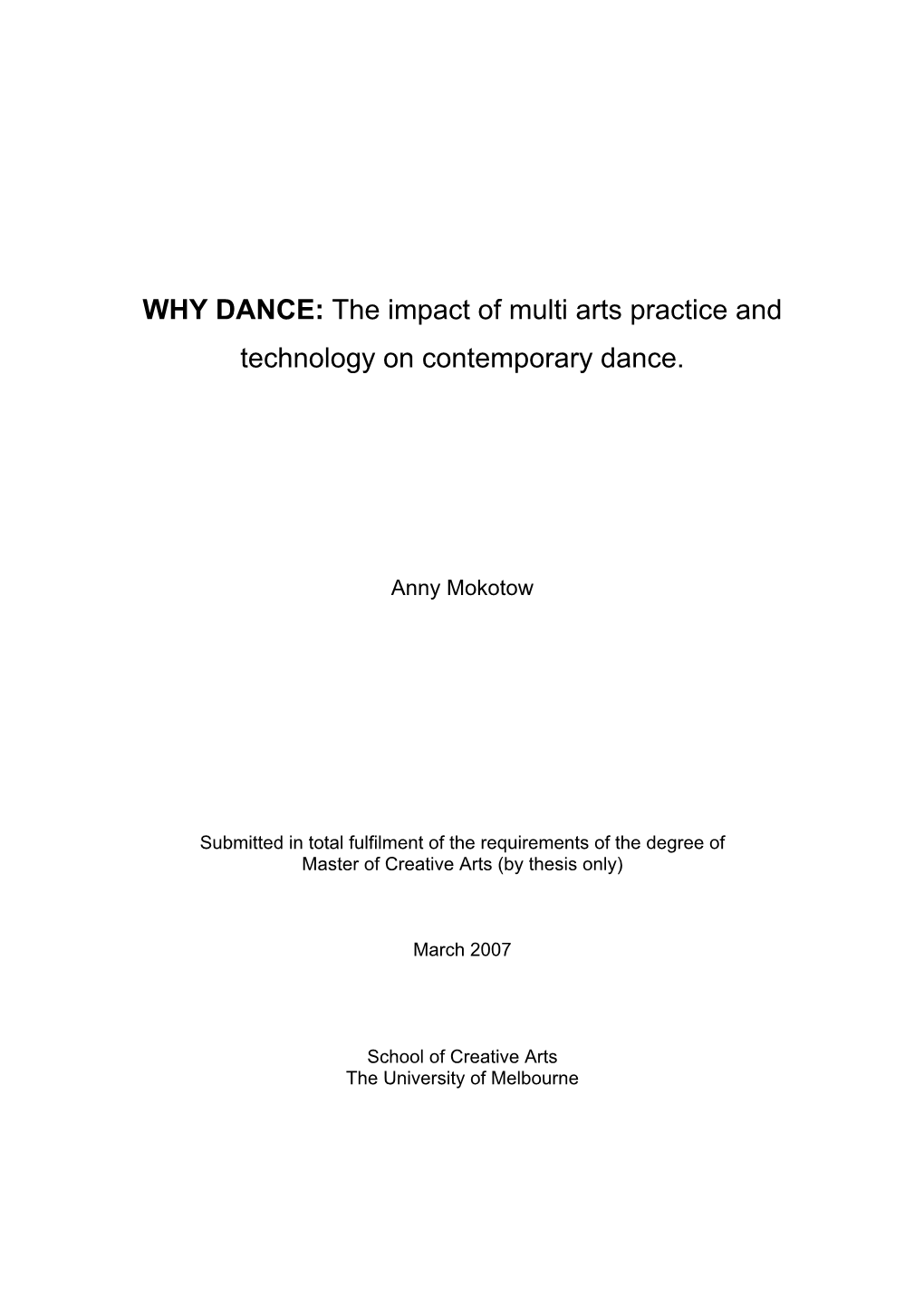 The Impact of Multi Arts Practice and Technology on Contemporary Dance