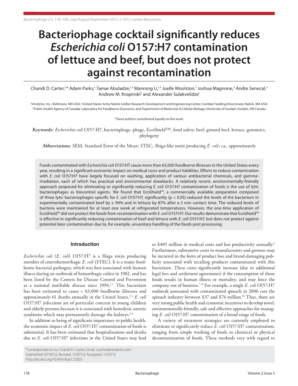 Bacteriophage Cocktail Significantly Reduces Escherichia Coli O157:H7 Contamination of Lettuce and Beef, but Does Not Protect Against Recontamination