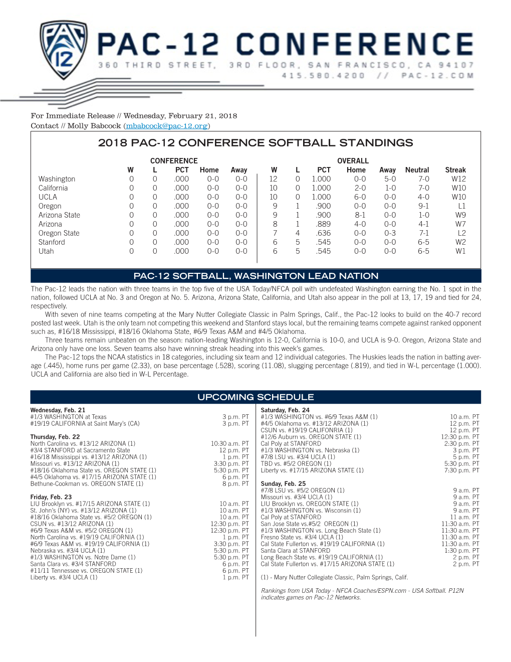 2018 Pac-12 Conference Softball Standings