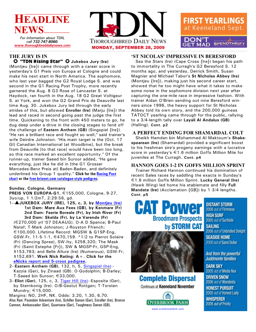 HEADLINE NEWS for Information About TDN, Call 732-747-8060