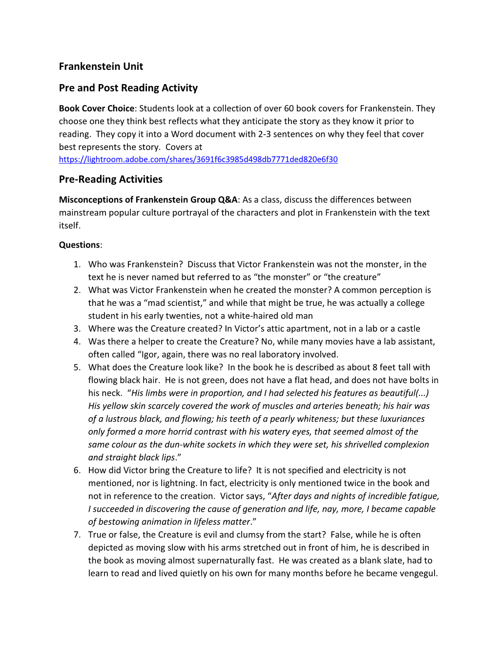 Frankenstein Unit Pre and Post Reading Activity Pre-Reading