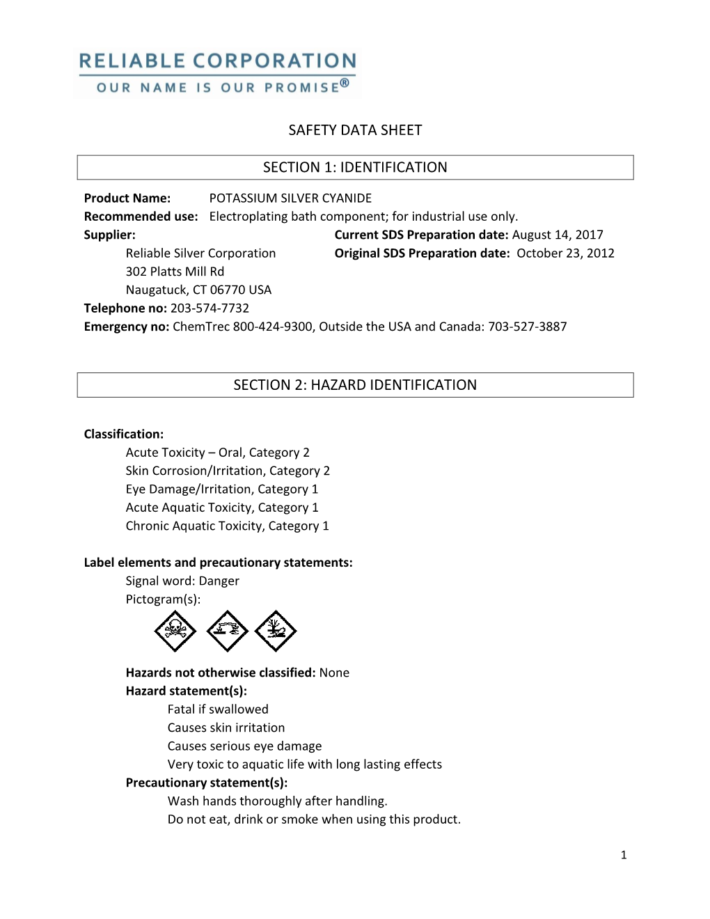 Safety Data Sheet Section 1: Identification Section 2: Hazard Identification