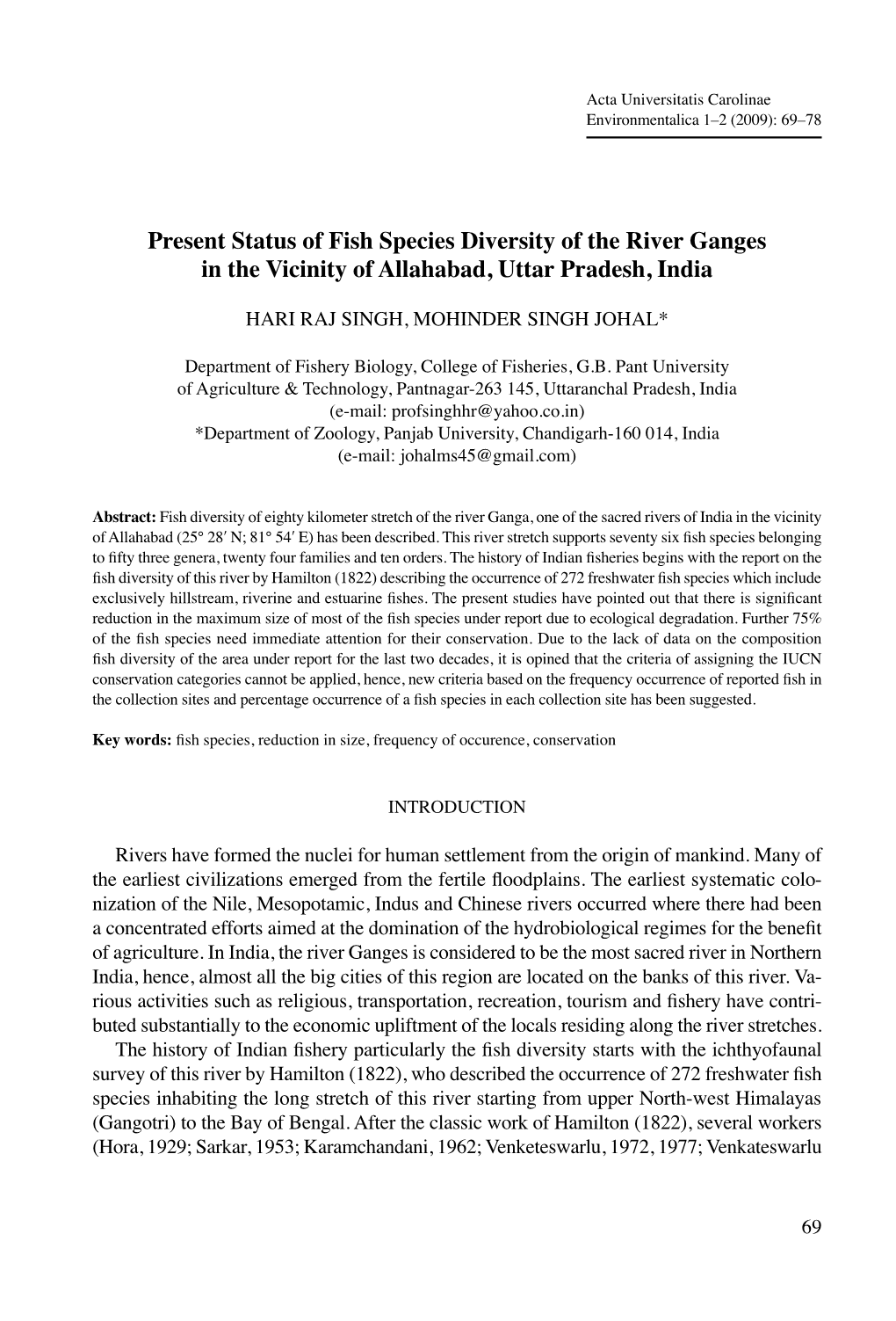 Present Status of Fish Species Diversity of the River Ganges in the Vicinity of Allahabad, Uttar Pradesh, India
