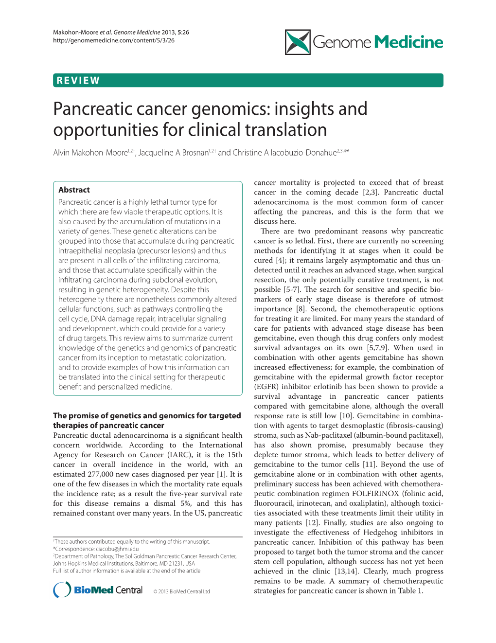 Pancreatic Cancer Genomics: Insights and Opportunities for Clinical