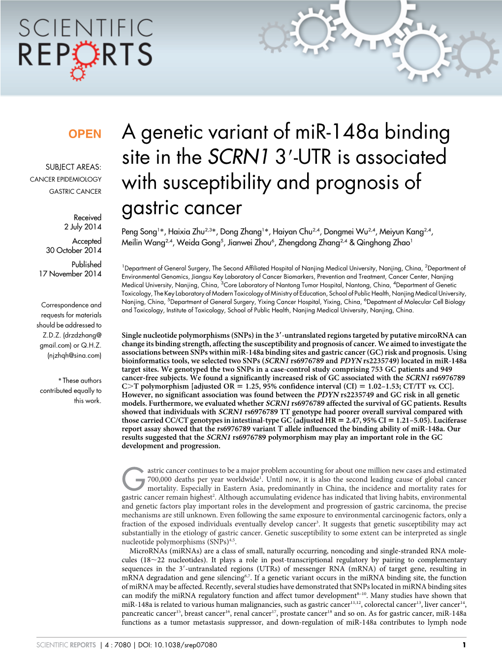 A Genetic Variant of Mir-148A Binding Site in the SCRN1 39-UTR Is