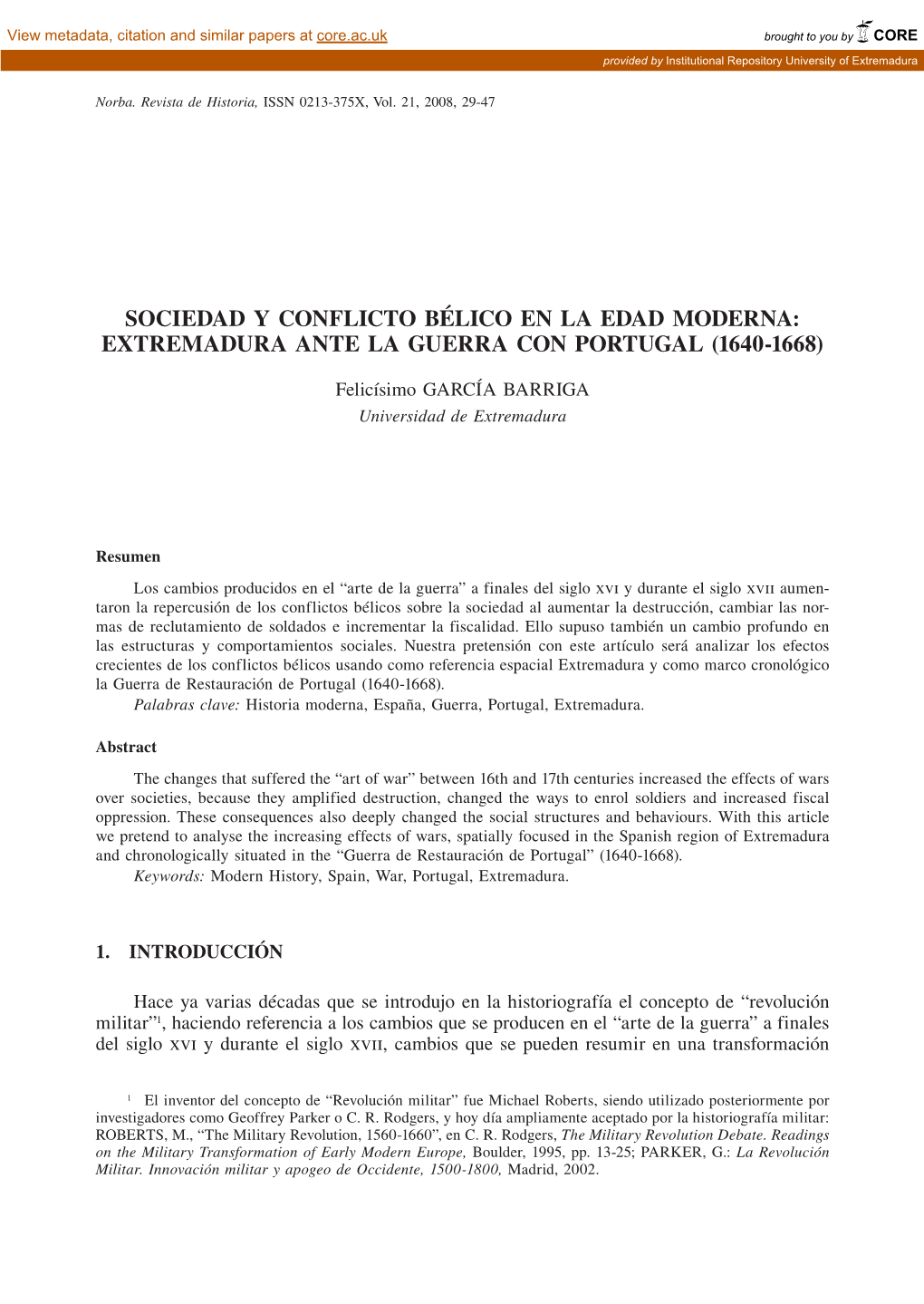 Sociedad Y Conflicto Bélico En La Edad Moderna: Extremadura Ante La Guerra Con Portugal (1640-1668)