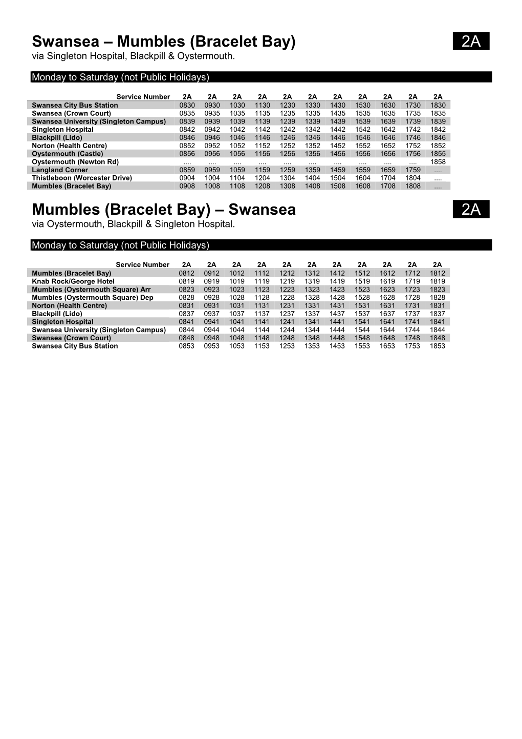 Swansea – Mumbles (Bracelet Bay) 02A0 Via Singleton Hospital, Blackpill & Oystermouth