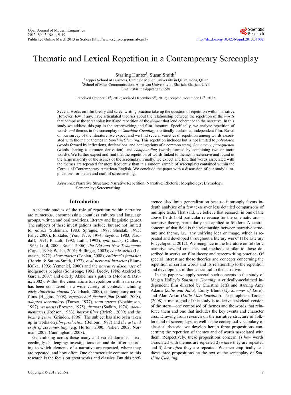 Thematic and Lexical Repetition in a Contemporary Screenplay