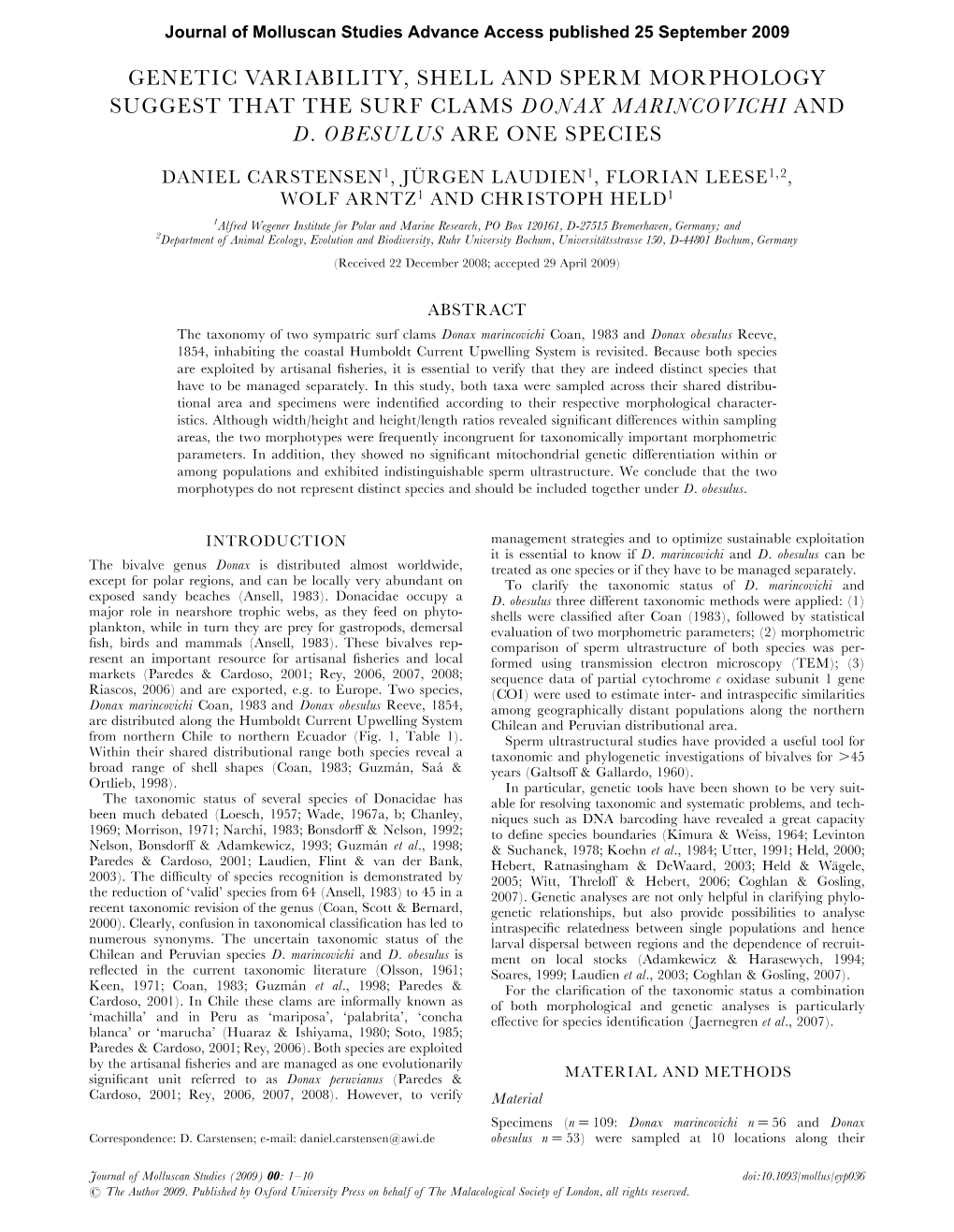 Genetic Variability, Shell and Sperm Morphology Suggest That the Surf Clams Donax Marincovichi and D