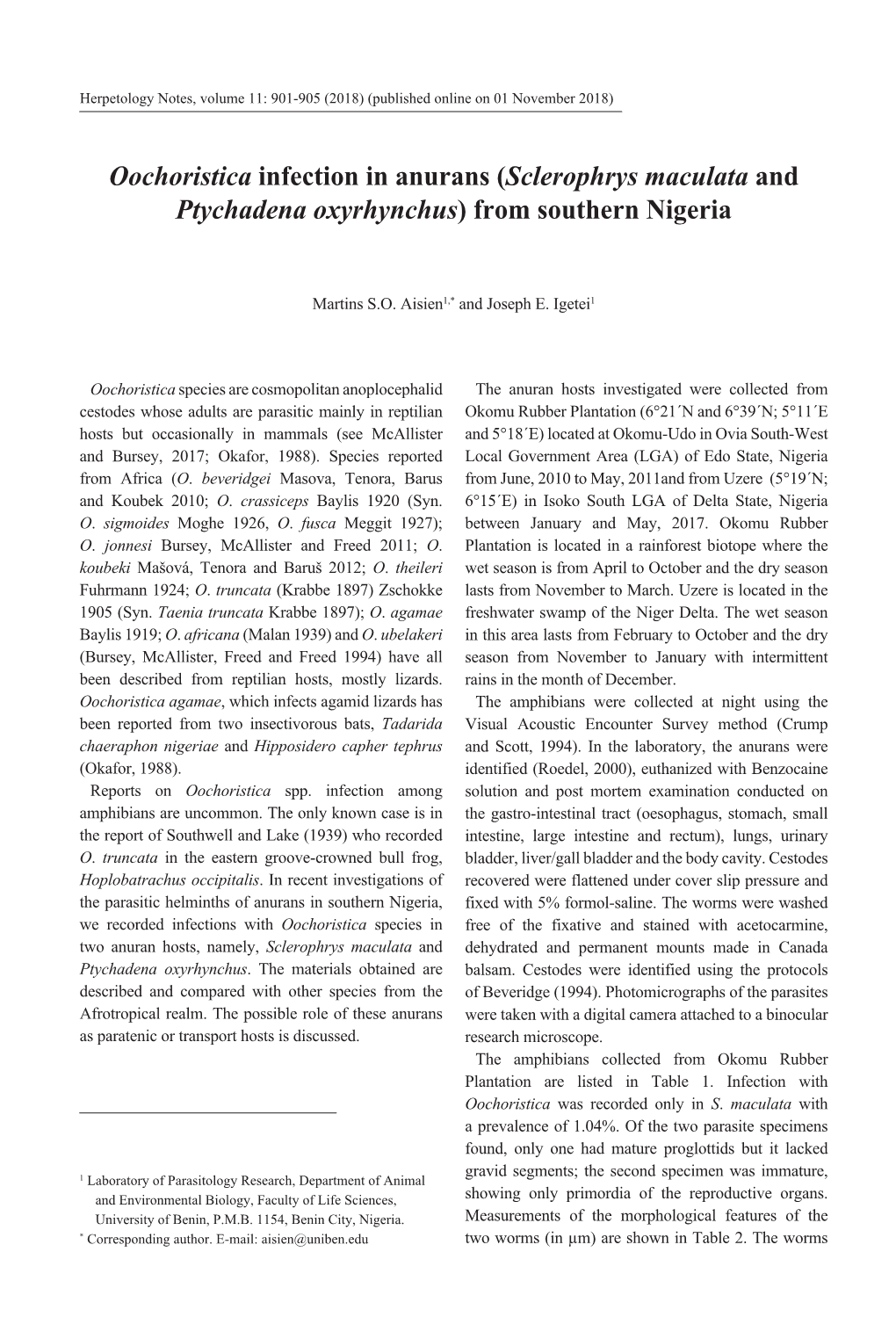 Oochoristica Infection in Anurans (Sclerophrys Maculata and Ptychadena Oxyrhynchus) from Southern Nigeria