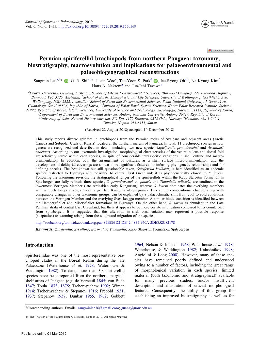 Permian Spiriferellid Brachiopods from Northern Pangaea: Taxonomy