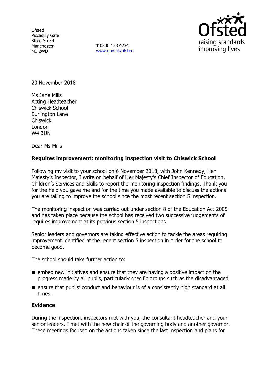 20 November 2018 Ms Jane Mills Acting Headteacher Chiswick