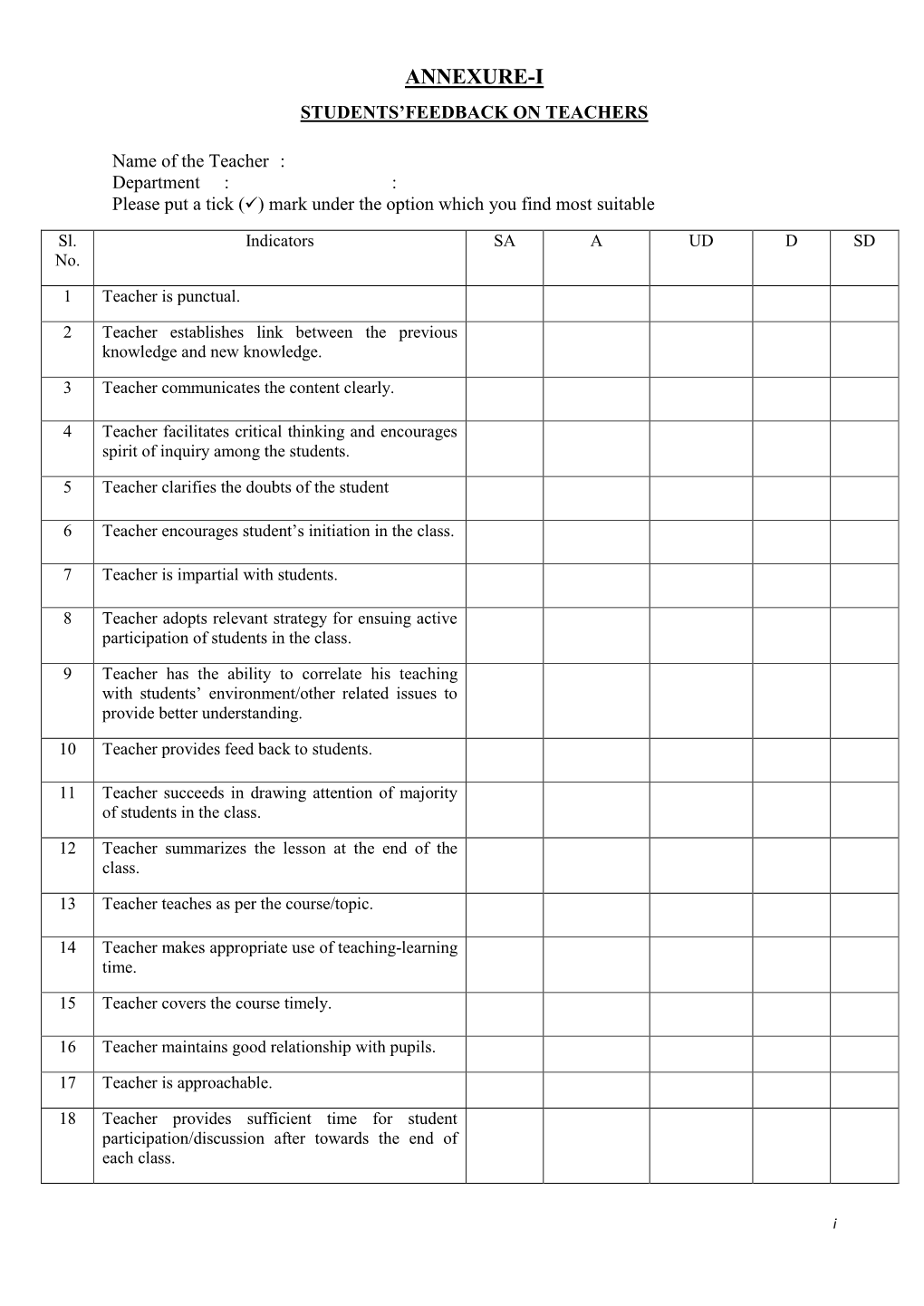 Annexure-I Students’Feedback on Teachers