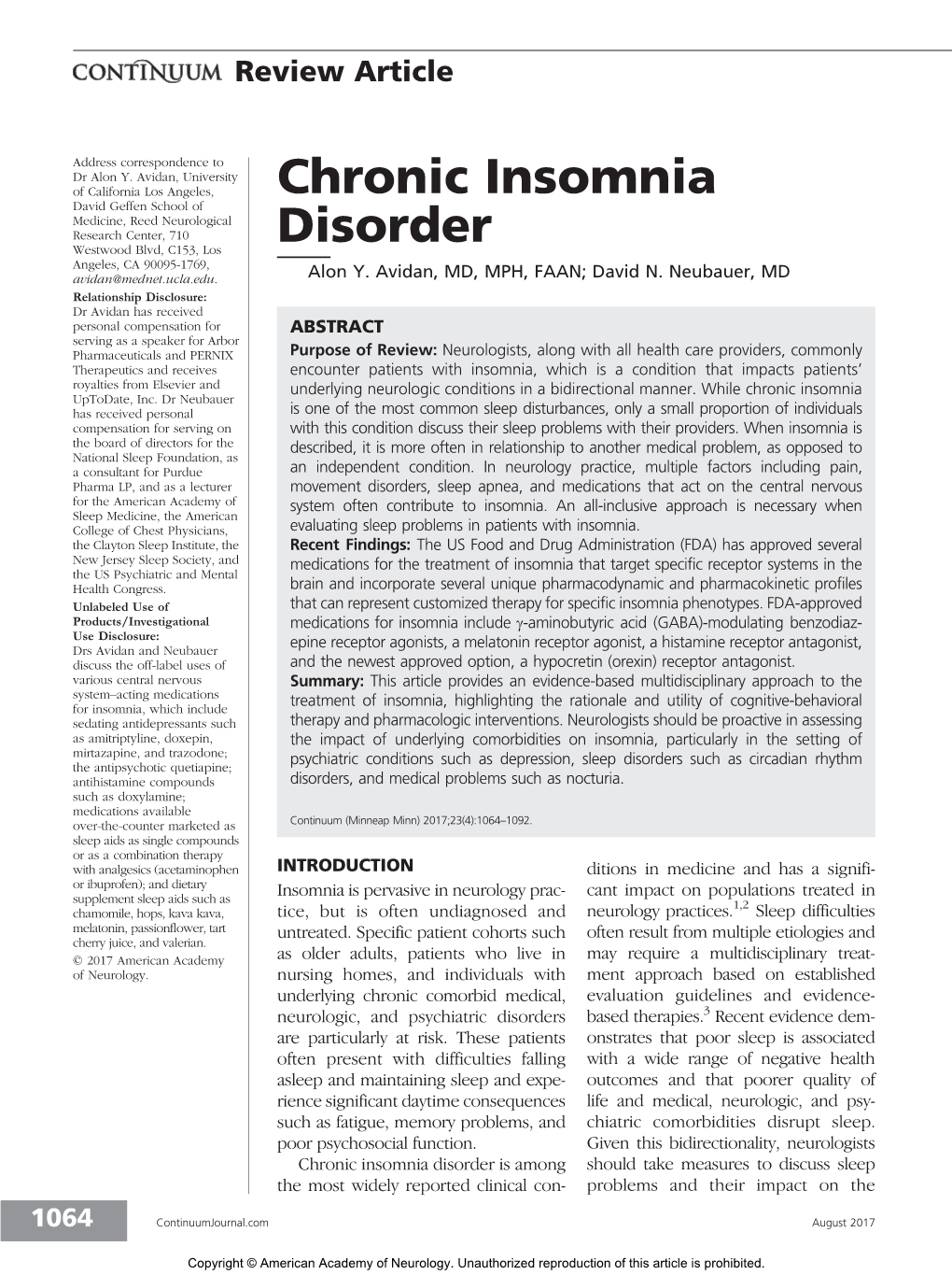 Chronic Insomnia Disorder Is Among Should Take Measures to Discuss Sleep the Most Widely Reported Clinical Con- Problems and Their Impact on The