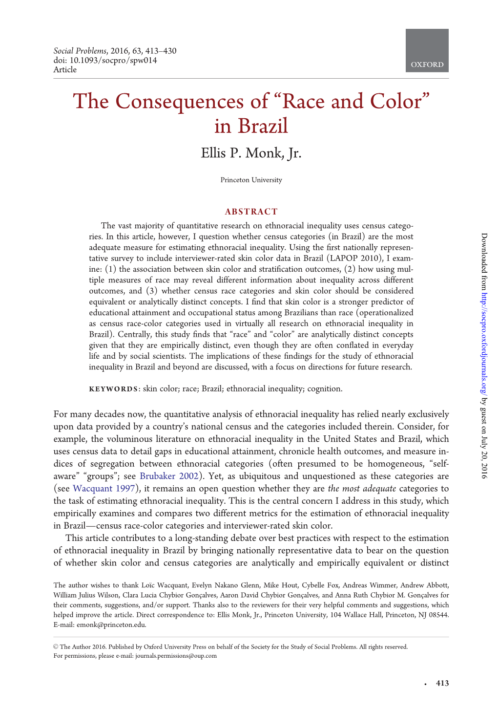 The Consequences of “Race and Color” in Brazil Ellis P