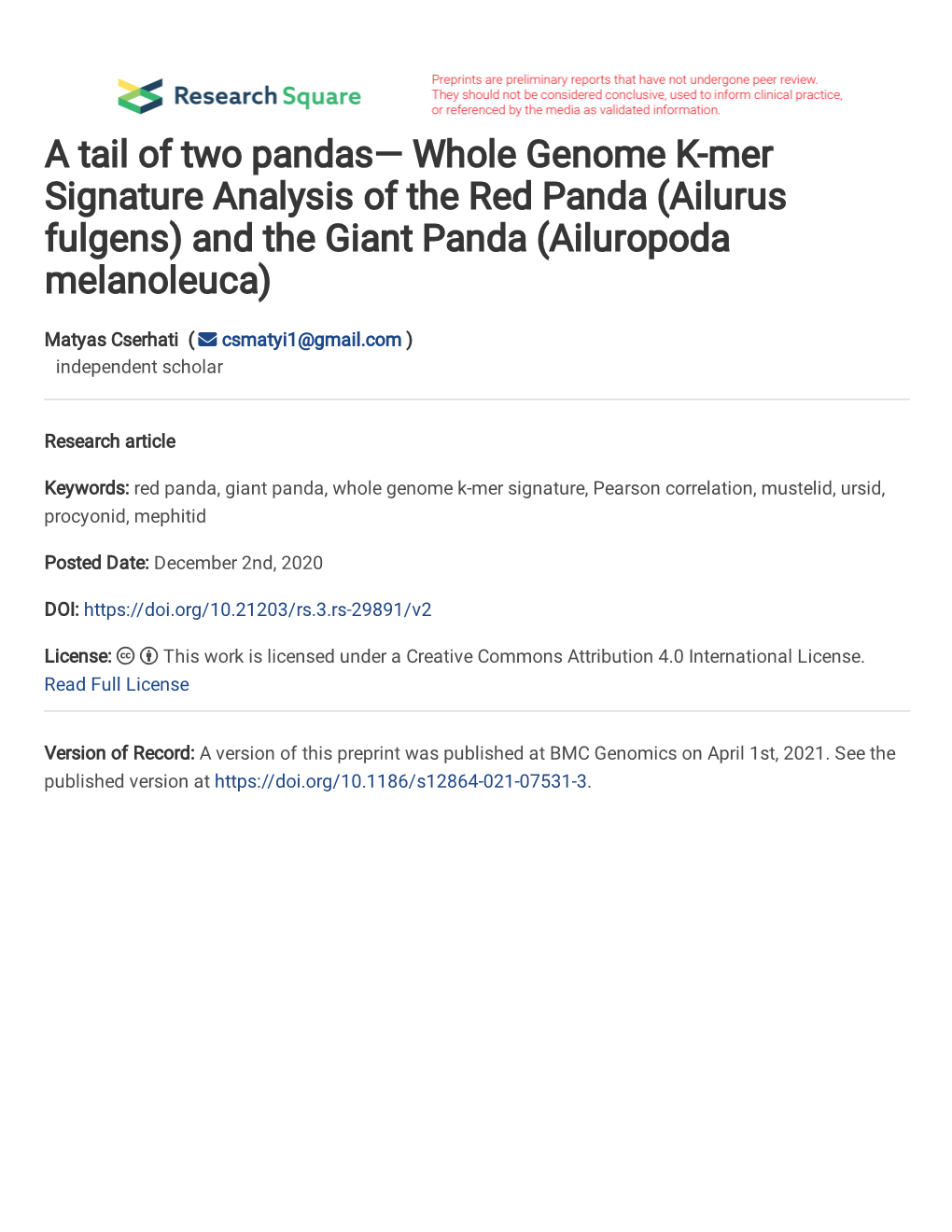 Whole Genome K-Mer Signature Analysis of the Red Panda (Ailurus Fulgens) and the Giant Panda (Ailuropoda Melanoleuca)