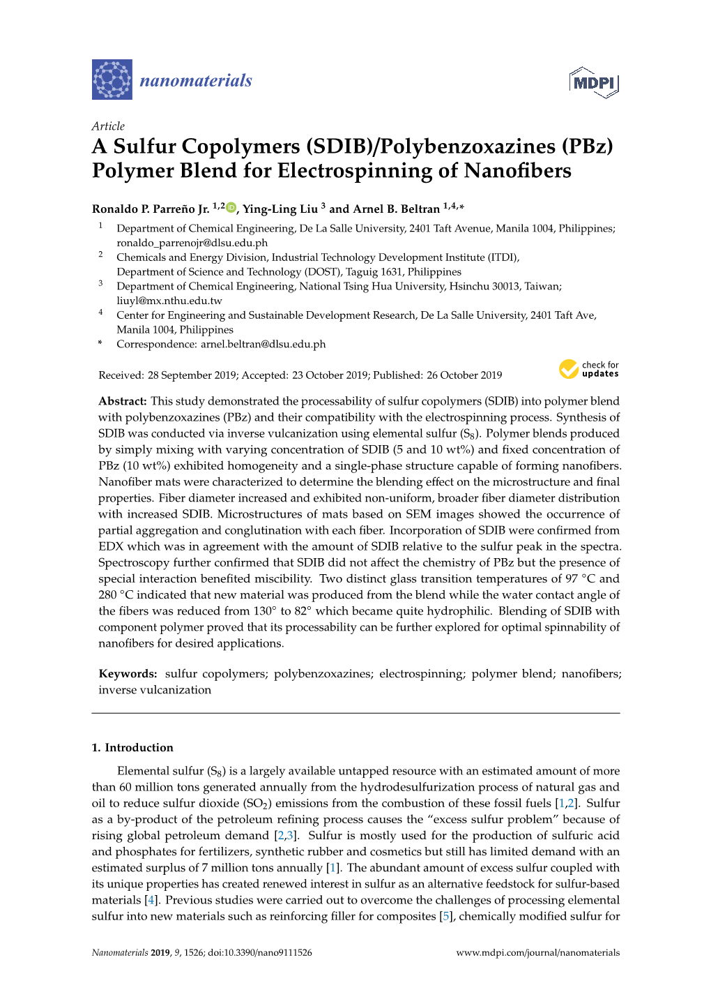 A Sulfur Copolymers (SDIB)/Polybenzoxazines (Pbz) Polymer Blend for Electrospinning of Nanoﬁbers