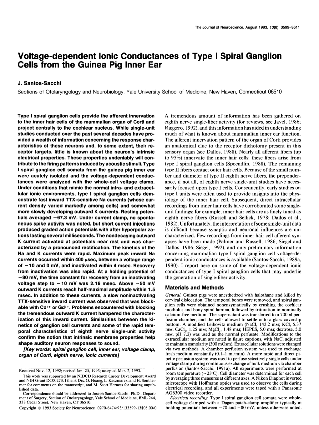 Voltage-Dependent Ionic Conductances of Type I Spiral Ganglion Cells from the Guinea Pig Inner Ear