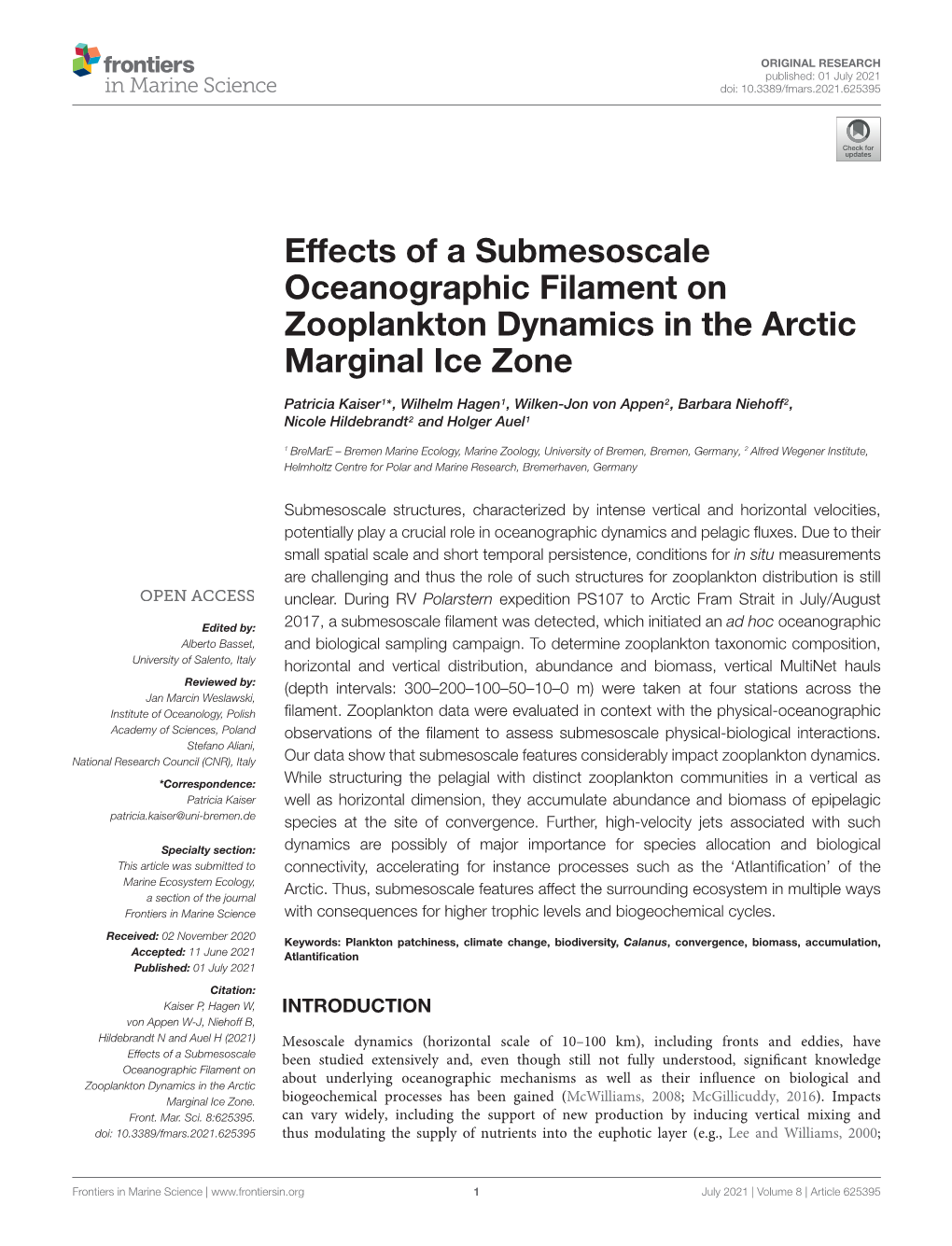 Effects of a Submesoscale Oceanographic Filament on Zooplankton Dynamics in the Arctic Marginal Ice Zone