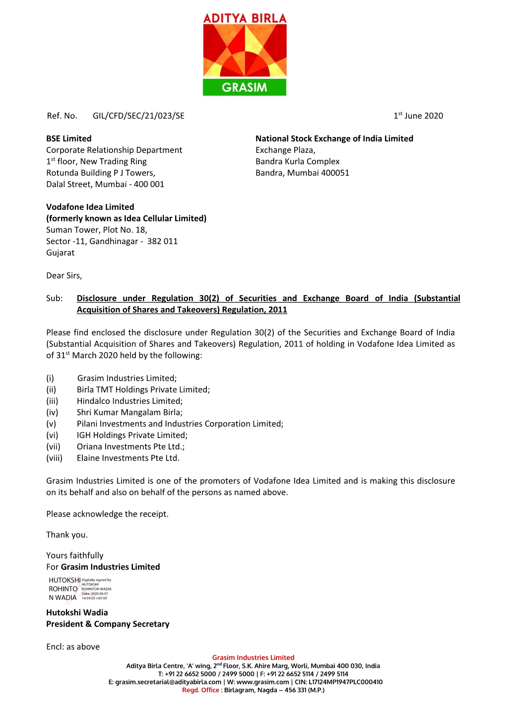 Ref. No. GIL/CFD/SEC/21/023/SE 1St June 2020 BSE Limited Corporate