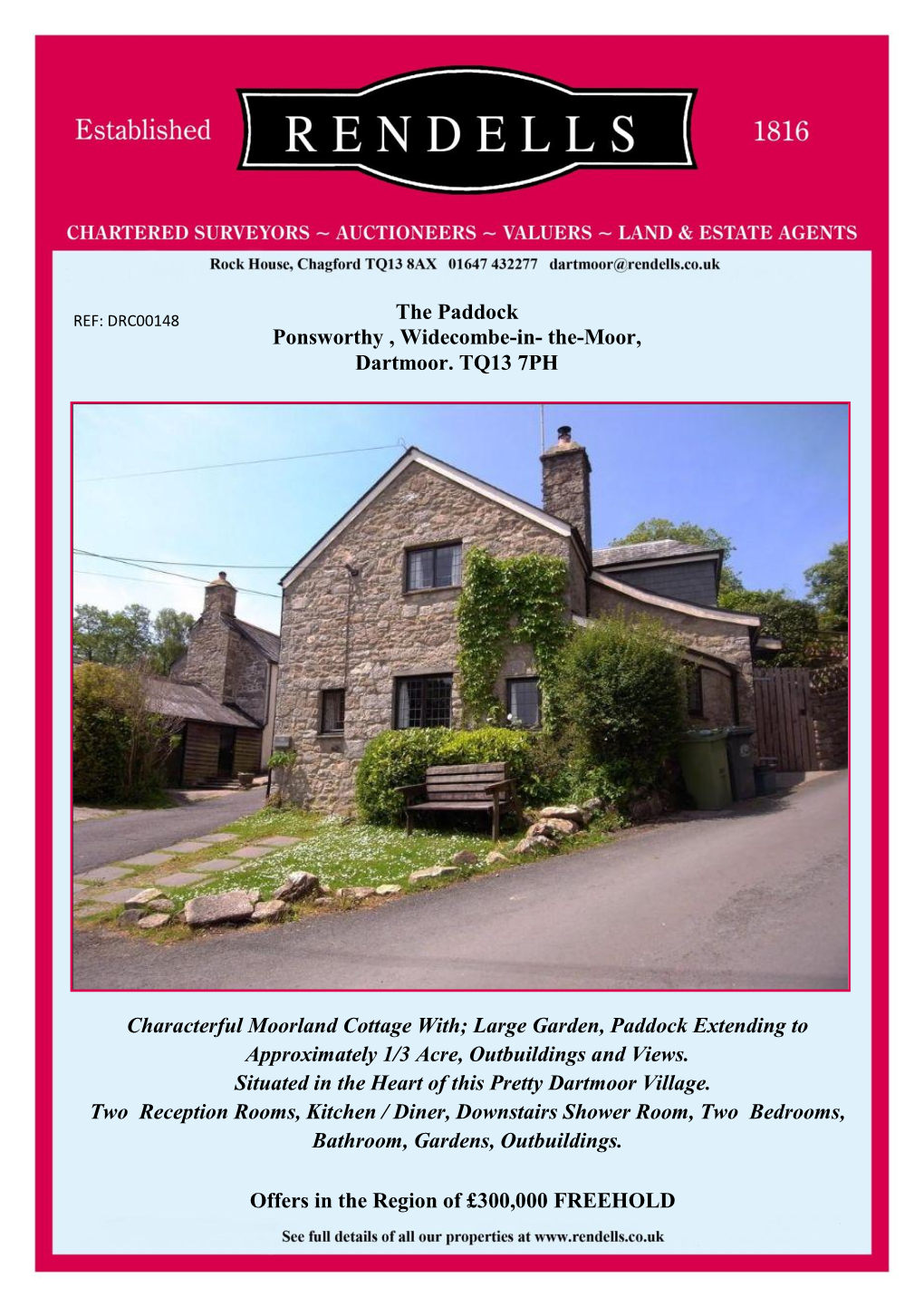 Characterful Moorland Cottage With; Large Garden, Paddock Extending to Approximately 1/3 Acre, Outbuildings and Views