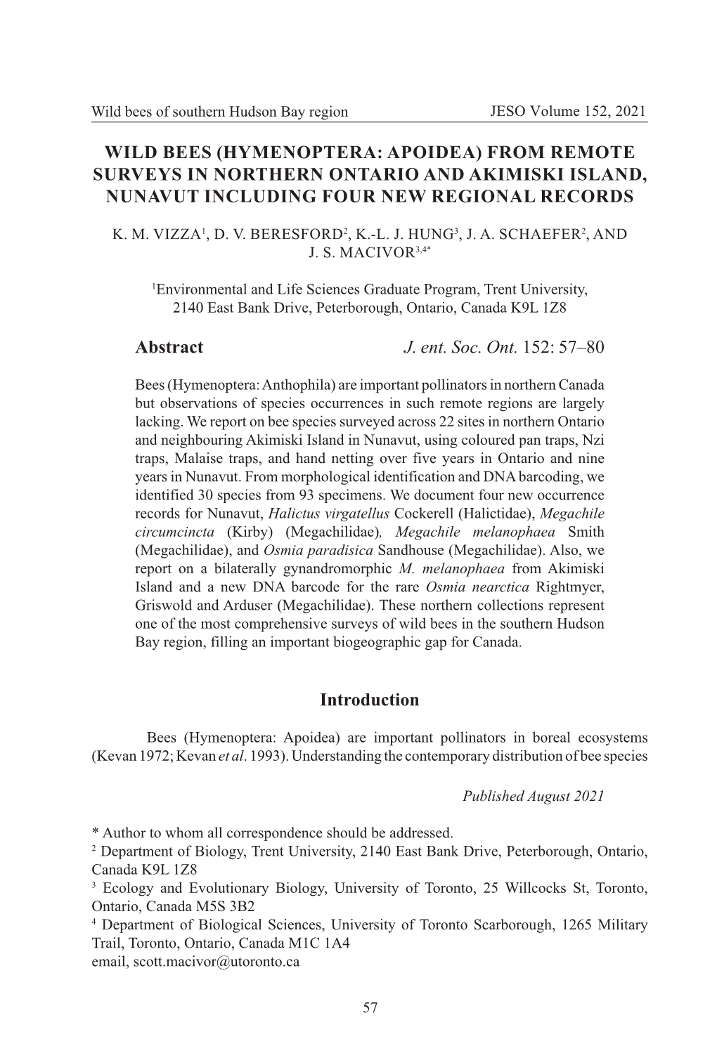 Wild Bees (Hymenoptera: Apoidea) from Remote Surveys in Northern Ontario and Akimiski Island, Nunavut Including Four New Regional Records