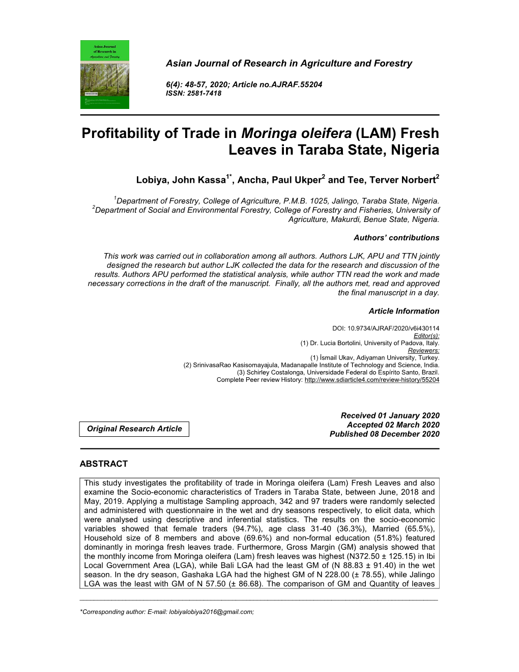 Profitability of Trade in Moringa Oleifera (LAM) Fresh Leaves in Taraba State, Nigeria