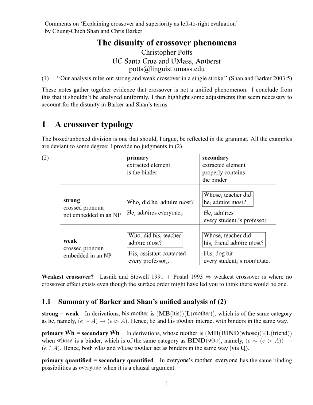 The Disunity of Crossover Phenomena 1 a Crossover Typology