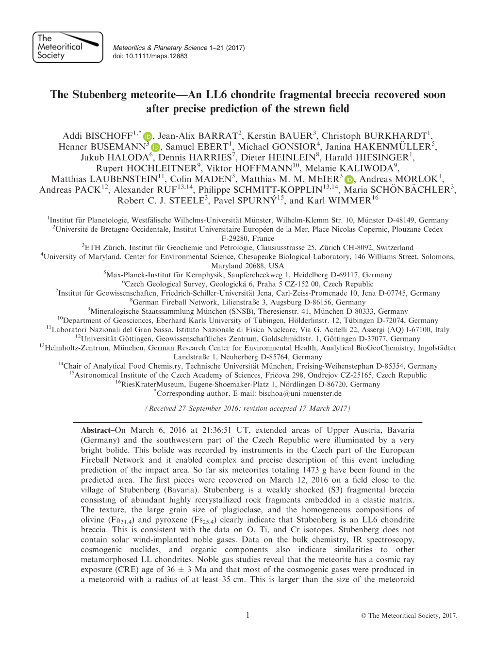 The Stubenberg Meteorite—An LL6 Chondrite Fragmental Breccia Recovered Soon After Precise Prediction of the Strewn ﬁeld