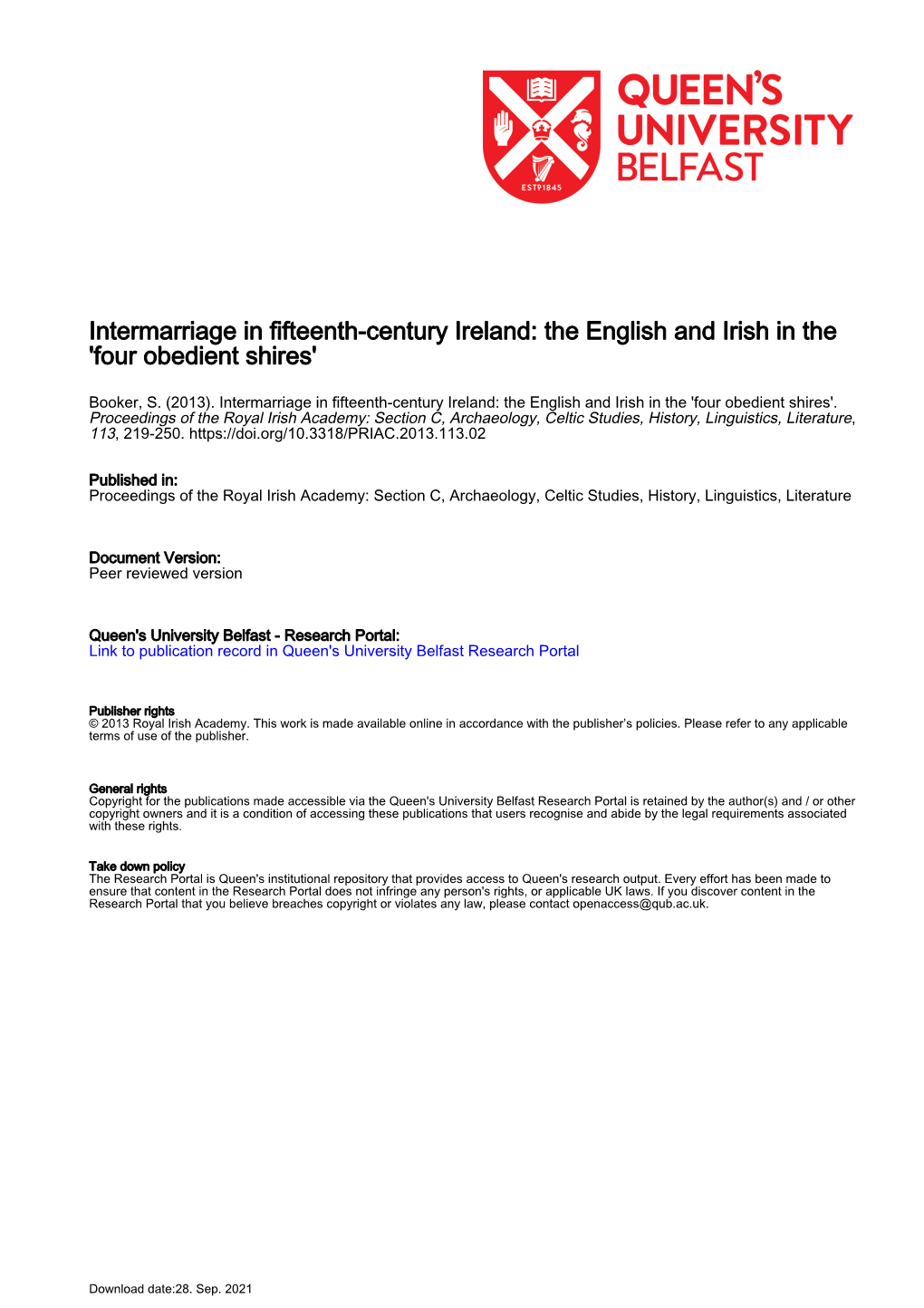 Marriage Between the Irish and English of Fifteenth-Century Dublin, Meath, Louth and Kildare