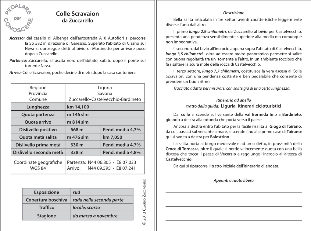 Colle Scravaion Descrizione Da Zuccarello Bella Salita Articolata in Tre Settori Aventi Caratteristiche Leggermente Diverse L’Uno Dall’Altro