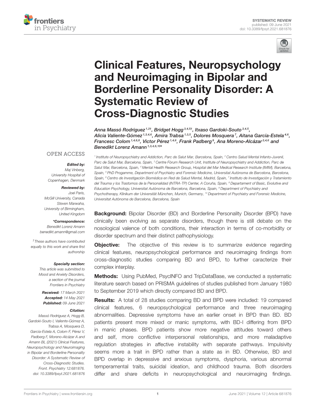 Clinical Features, Neuropsychology and Neuroimaging in Bipolar and Borderline Personality Disorder: a Systematic Review of Cross-Diagnostic Studies